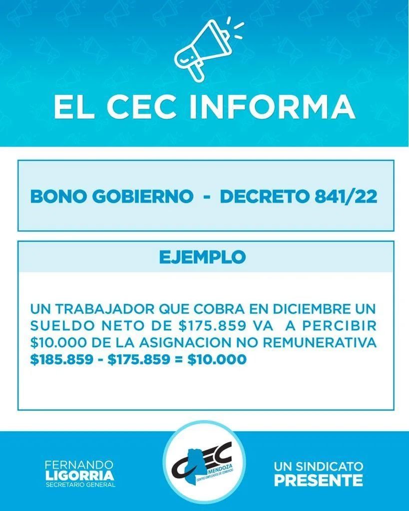 Ejemplo del pago del Bono para Empleados de Comercio
