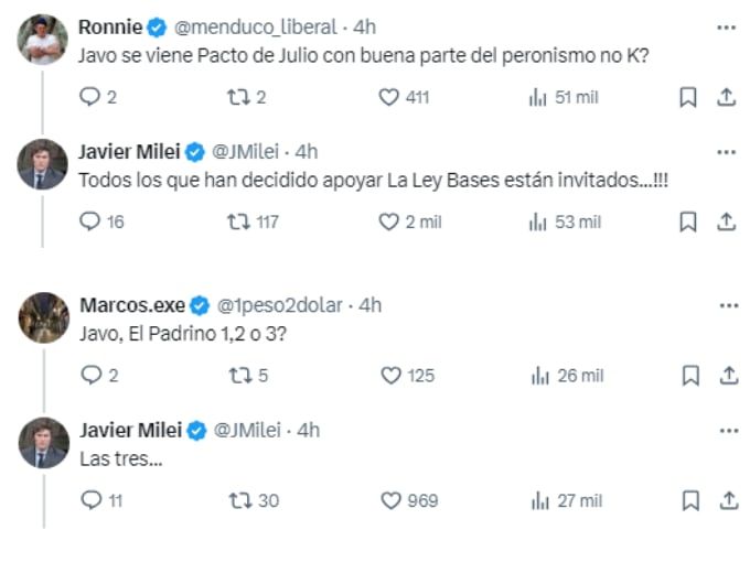 Las respuestas de Javier Milei a sus seguidores. Foto: Captura X.