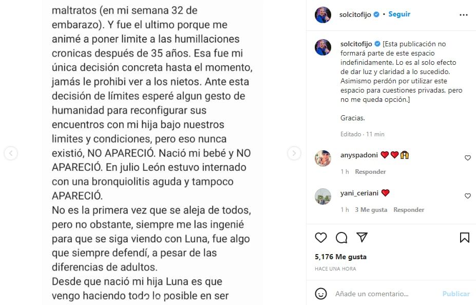 Fuertes declaraciones de Sol Fijo. (Instagram @solcitofijo)