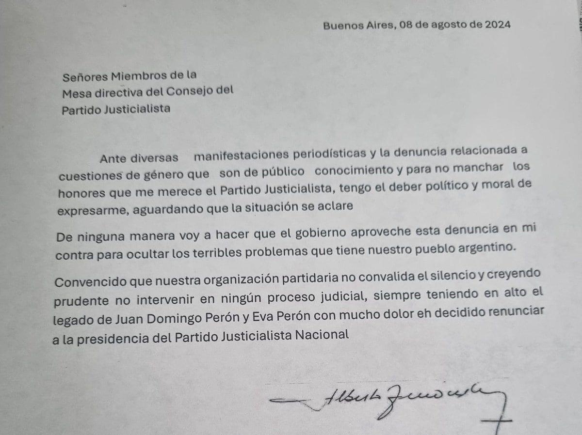 El comunicado de Fernández anunciando su renuncia al Partido Justicialista.