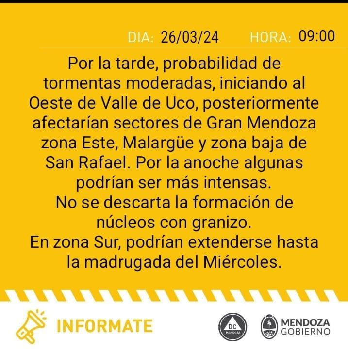 Emiten hoy alerta por tormentas en Mendoza: a qué zonas alcanza