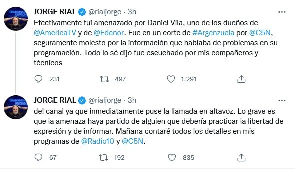 Jorge Rial denunció que Daniel Vila lo amenazó por teléfono.