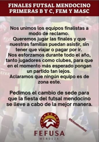 El comunicado que se viralizó en redes sociales pidiéndole a FeFuSa el cambio de sede de las finales.