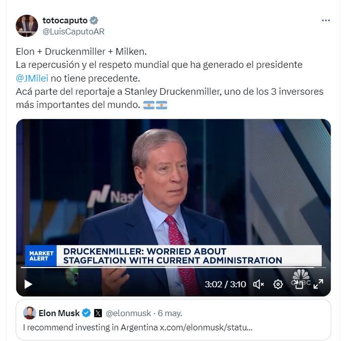 En dialogo con la cadena estadounidense CNCB, Druckenmiller destacó el intelecto y la labor de Milei como jefe de Estado - X Luis Caputo