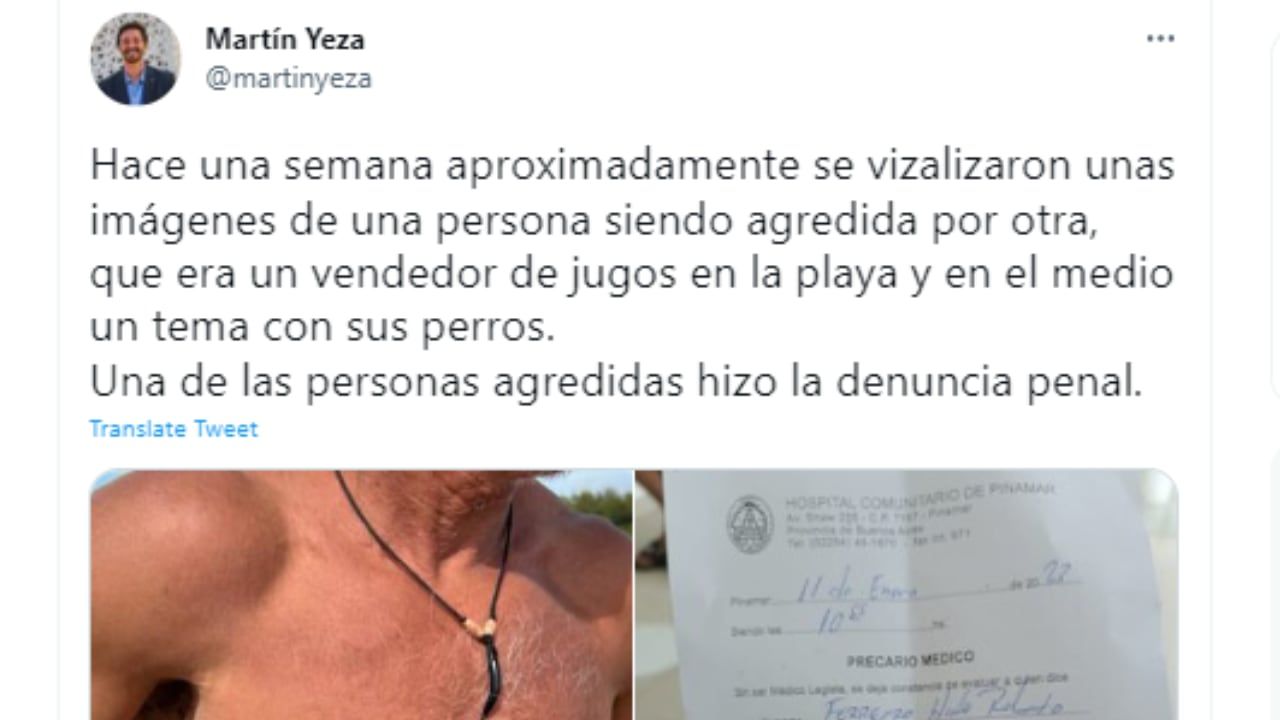 Tweet de Martín Yeza sobre el hecho. Gentileza: Foto captura Twitter @martinyeza