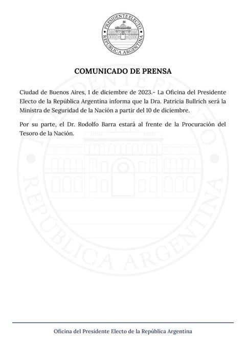 Javier Milei confirmó a Patricia Bullrich como ministra de Seguridad