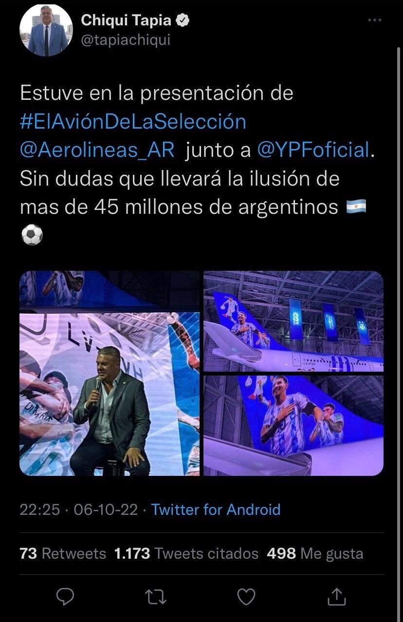 El twitter de Chiqui Tapia durante los incidentes La Plata. / Gentileza.