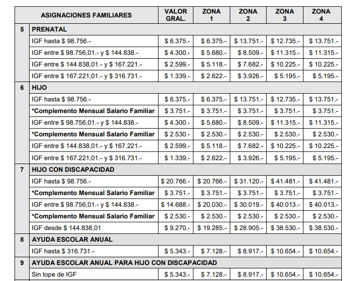 Asignaciones de Anses: el monto estará determinado por el rango de ingresos del grupo familiar y zona de residencia o zona donde trabajes.