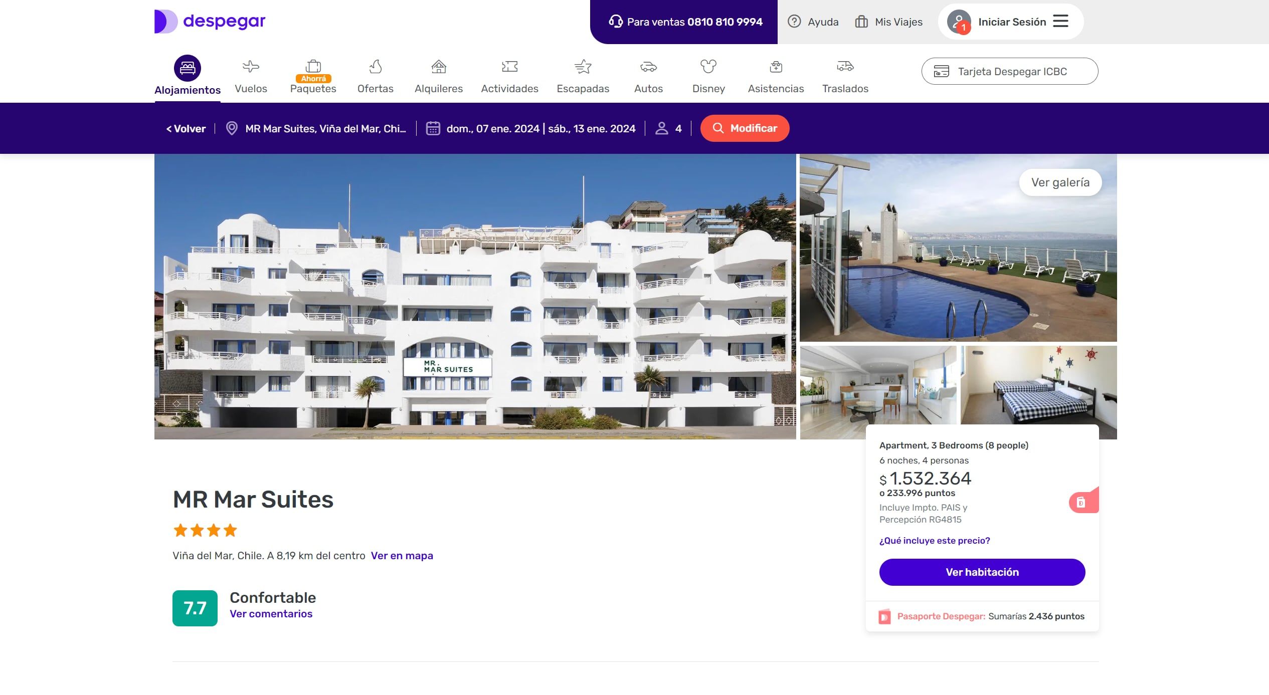 Alojamiento en Reñaca, pago en pesos (1 cuota).