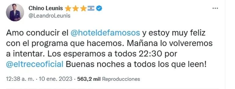 El tuit de Leunis tras el debut del Hotel
