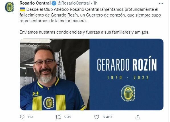 El mensaje de Rosario Central a su hincha, Gerardo Rozín (Twitter)