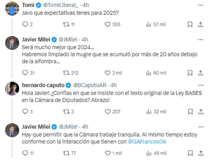 Las respuestas de Javier Milei a sus seguidores. Foto: Captura X.