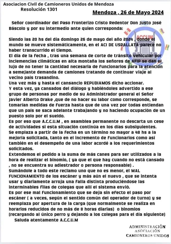 El comunicado de la ACCUM. Imagen: X / @ValeBellene