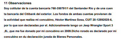 Declaración Jurada María Cantero. Gentileza Clarín.
