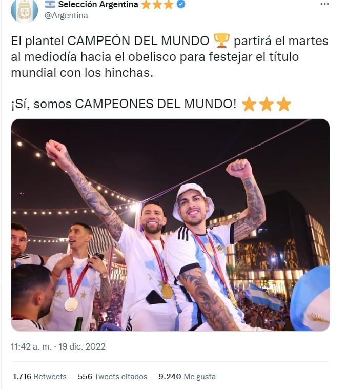 Confirmado: caravana de la Selección Argentina al Obelisco el martes al mediodía (Twitter)