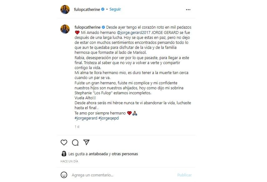 Catherine Fulop se volcó a las redes tras la muerte de su hermano