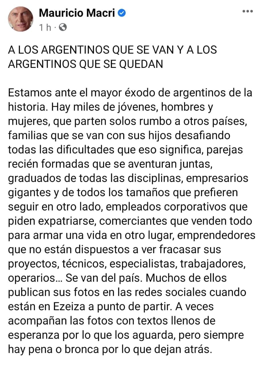 Mauricio Macri publicó una carta para todos los argentinos que se van del país.