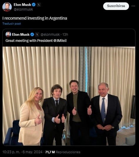 Elon Musk en su red social: "Recomiendo invertir en Argentina". Foto: captura.