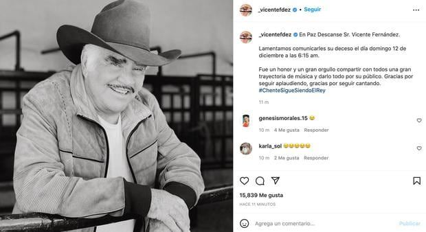 La confirmación de la muerte de Vicente Fernández, ídolo de la música mexicana (Instagram)