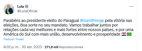 Mandatarios regionales saludaron a Santiago Peña, tras ganar las elecciones presidenciales este domingo. Twitter
