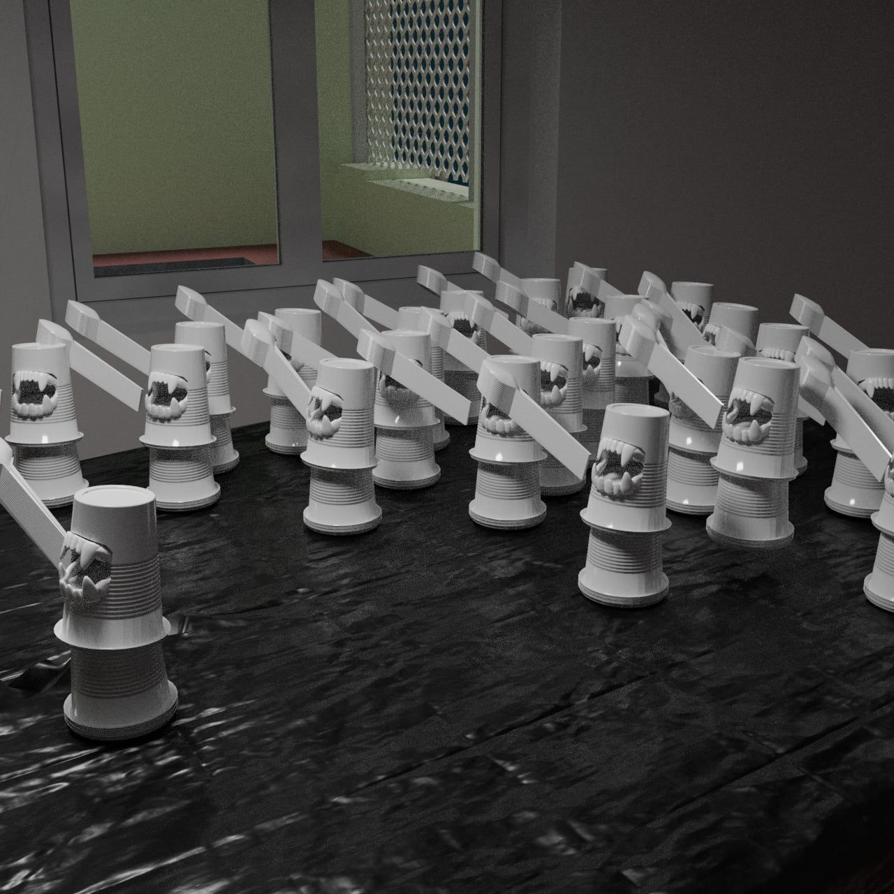 Una de las piezas montadas digitalmente son estos vasitos de plástico intervenidos con una dentadura de Drácula.