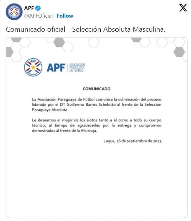 El comunicado de la Asociación paraguaya de fútbol