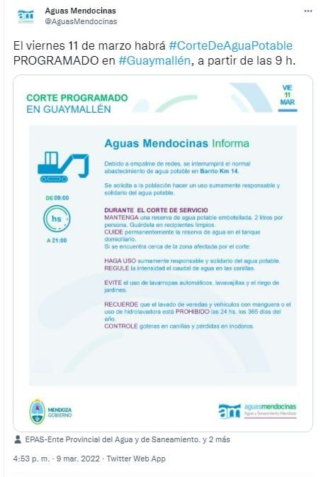 Corte programado en Guaymallén
