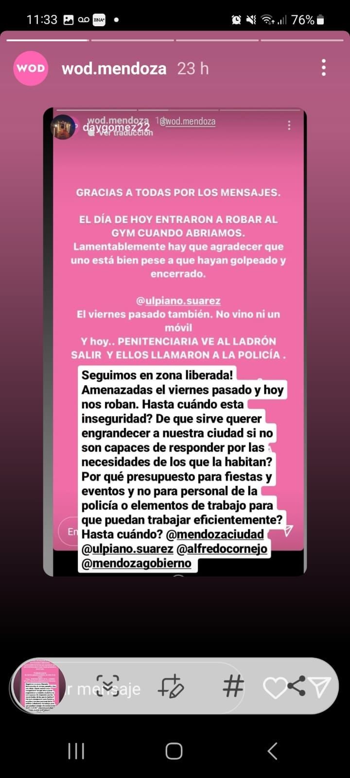 un estado de Instagram de la denunciante.