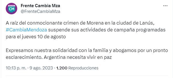 El frente Cambia Mendoza anunció que suspendía sus actividades de cierre de campaña por el conmocionante asesinato en Lanús.