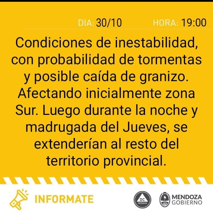 Defensa Civil emitió una alerta amarilla por tormentas y posible caída de granizo.