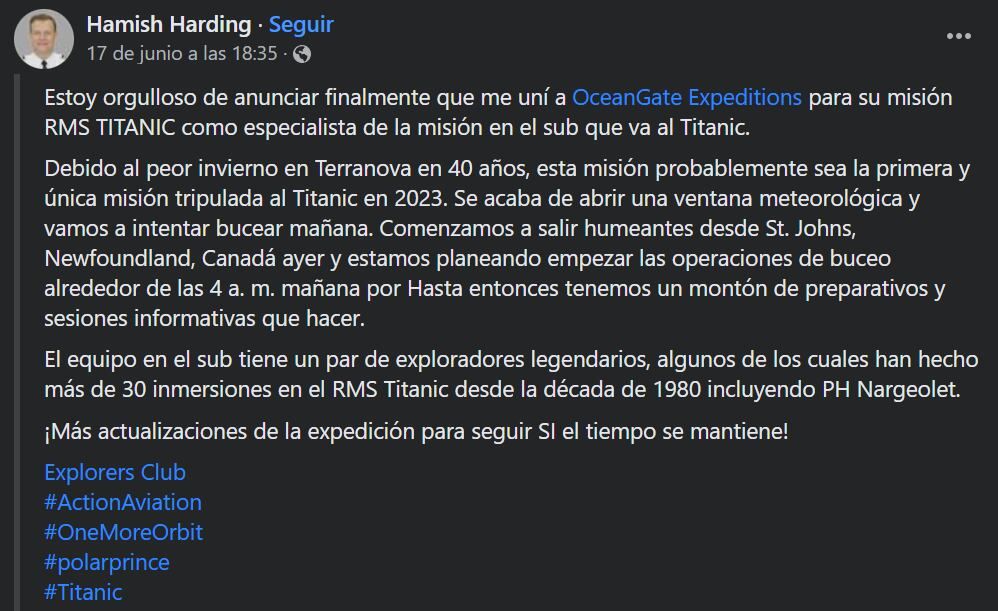 El premonitorio mensaje de Hamish Harding para sus seguidores. Foto: Facebook / Hamish Harding