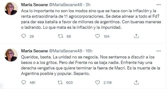 Los tuits de María Seoane, a favor y en contra de Alberto Fernández (Twitter)