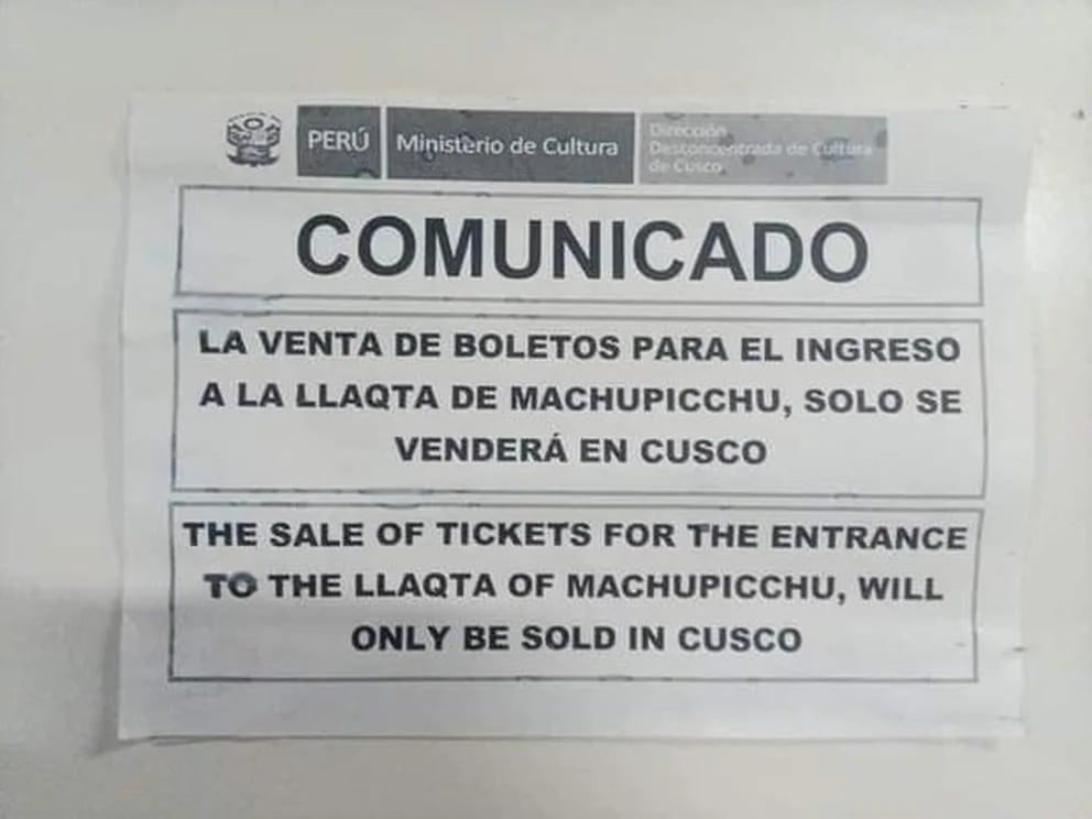 Cancelación de venta de boletos a Machu Picchu. Foto: Web