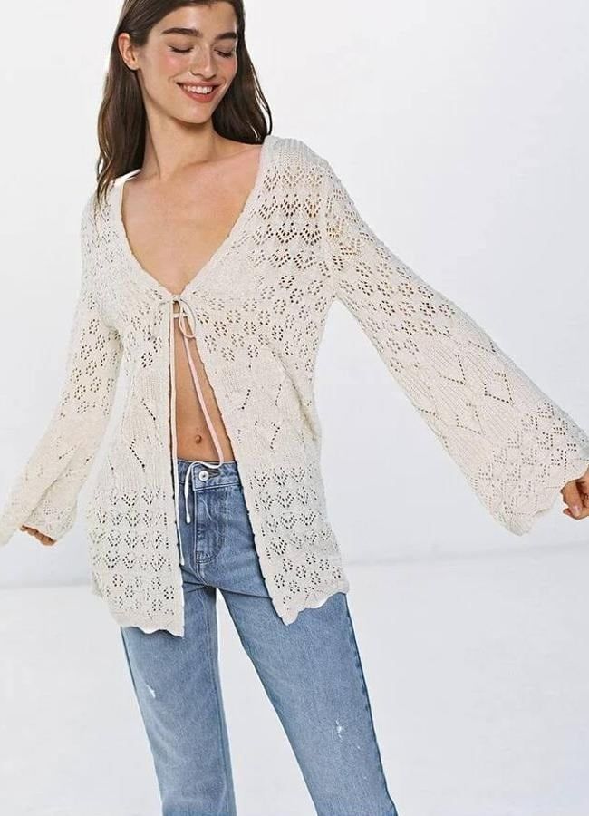 Cárdigan de crochet largo en tono crudo