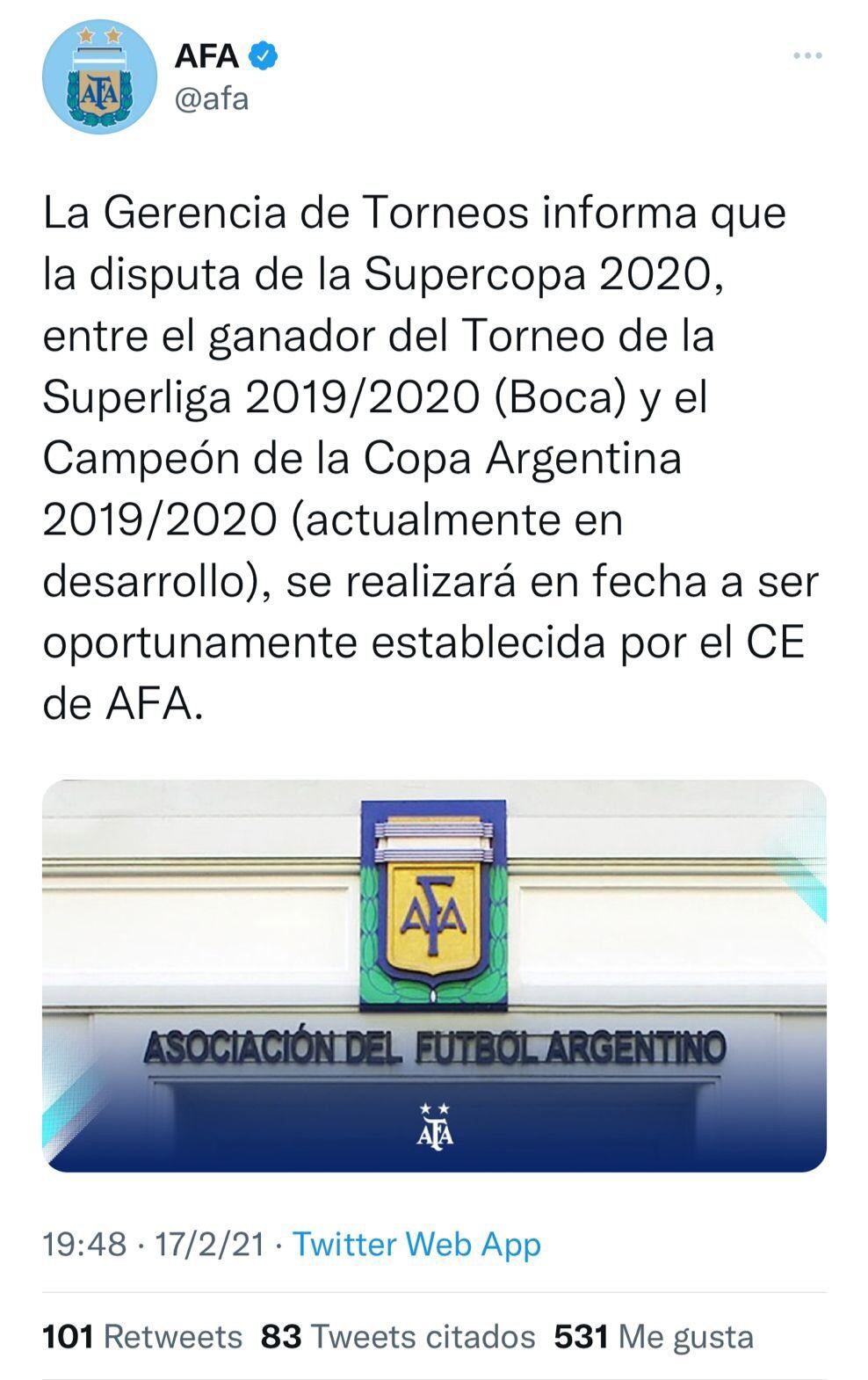 Comunicado de AFA sobre la Supercopa Argentina. / Gentileza.