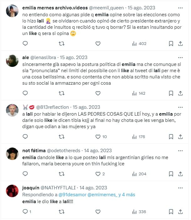 Reacciones de fans de Emilia Mernes, en ese agosto, que testimonian que el like de Emilia ocurrió