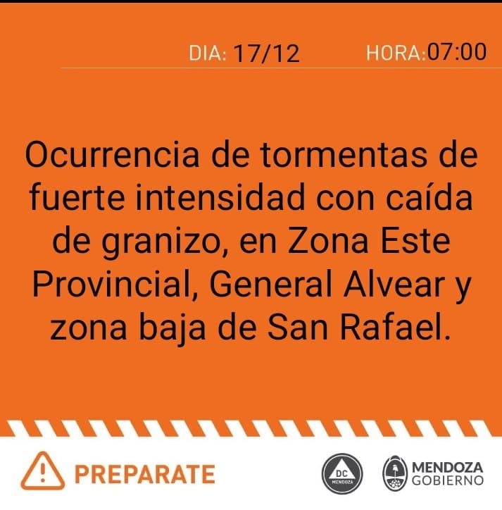 Alerta naranja por tormentas en Mendoza.