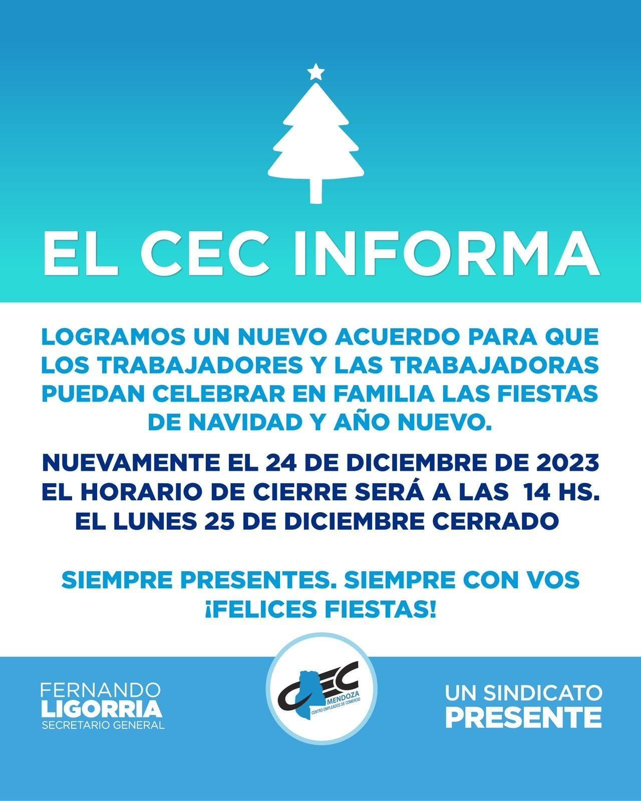 El Centro Empleados de Comercio definió sus horarios de trabajo para las Fiestas.