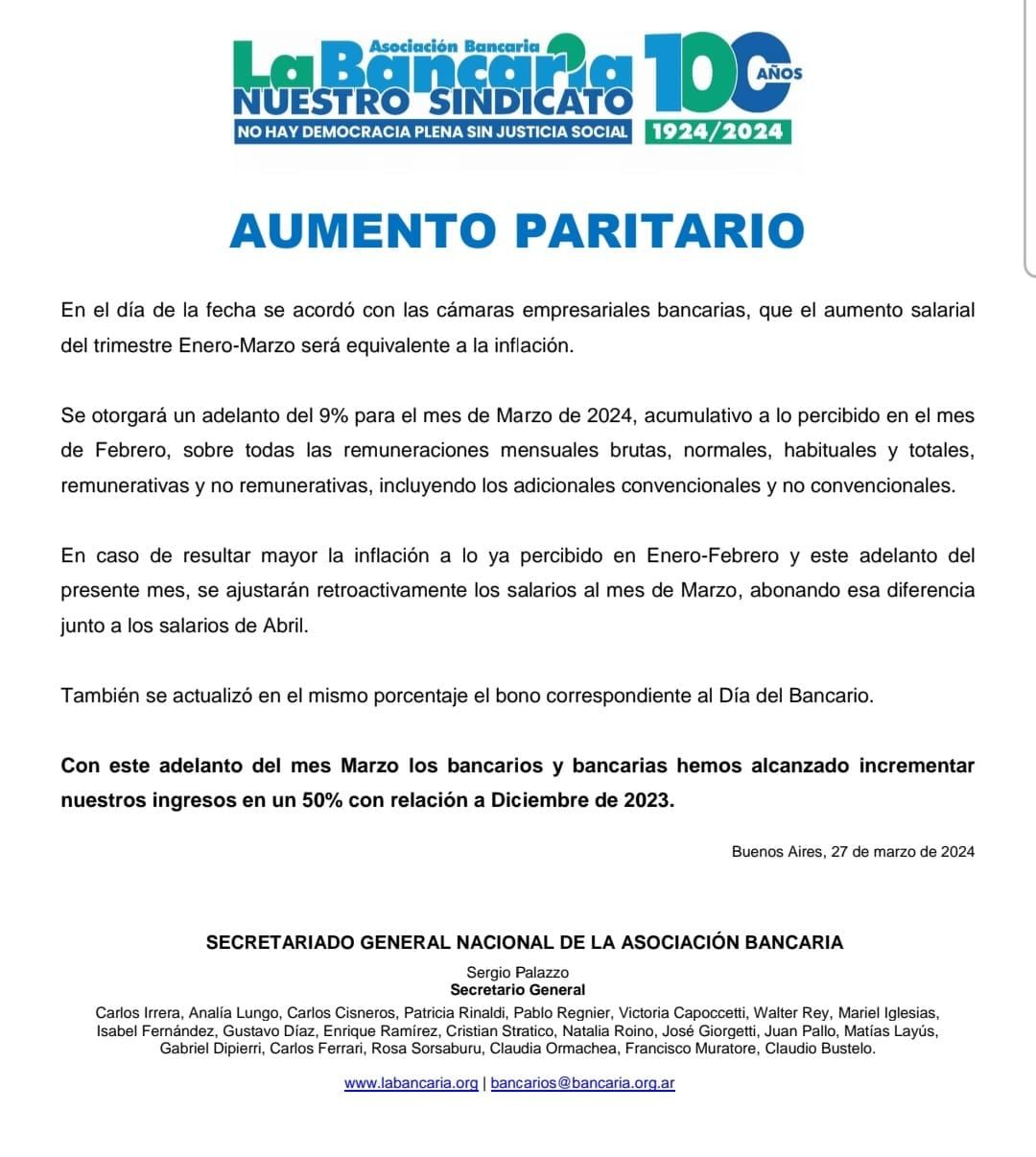 El comunicado emitido por La Bancaria sobre las negociaciones paritarias. Foto: Asociación Bancaria