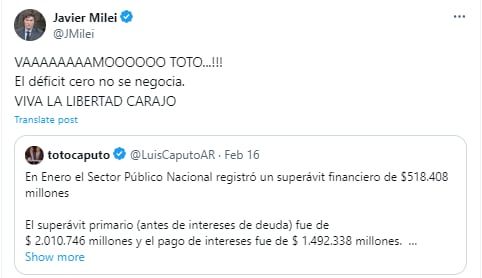 Javier Milei celebró en Twitter el superávit financiero del mes de enero. Gentileza: Captura X @JMilei.