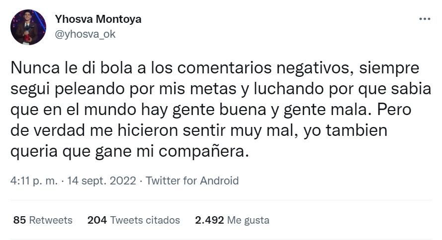 Yhosva expresó su malestar. (Twitter Yhosva Montoya)