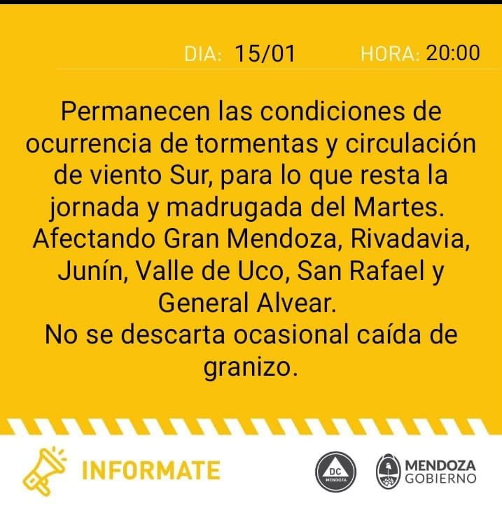 Rige una alerta naranja y otra amarilla por tormentas en Mendoza e ingresa un frente frío para este martes 16 de enero de 2024.
