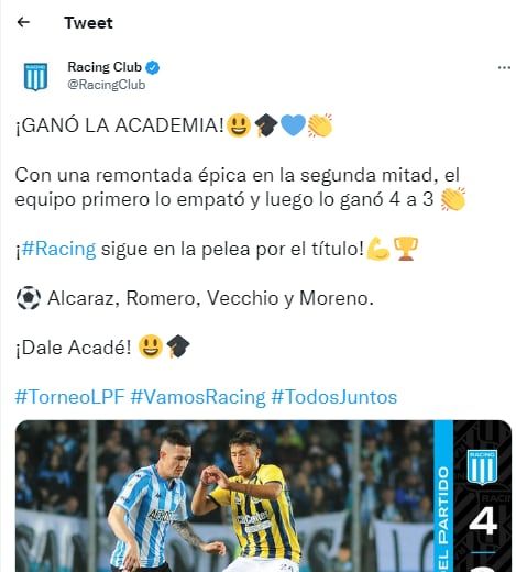 Racing Club logró una remontada historica y venció a Rosario Central por 4-3. / Gentileza.