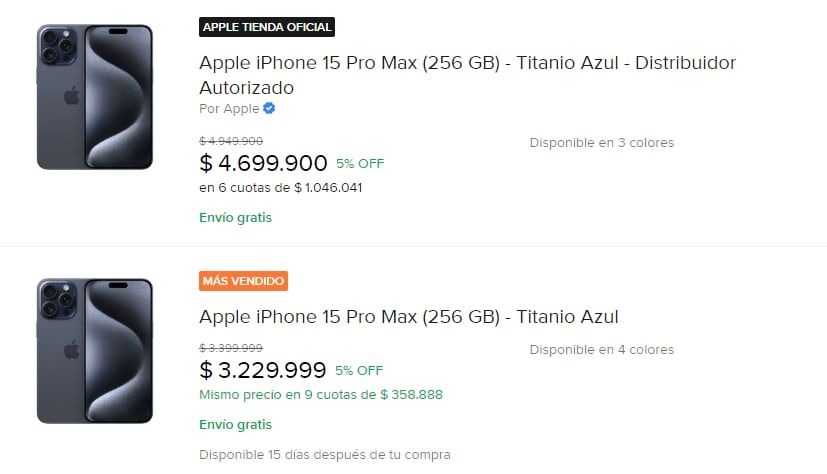 El precio de Iphone en Mercado Libre Argentina.