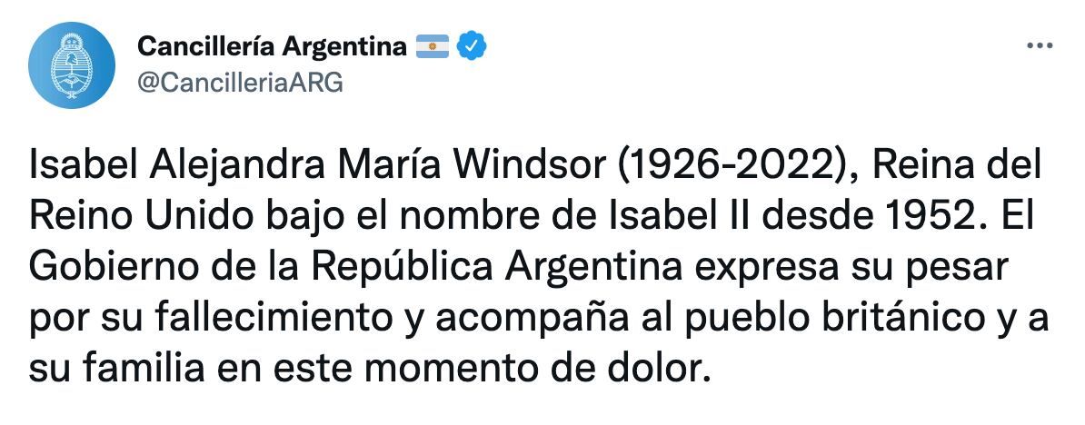 Mensaje de la cancillería argentina por la muerte de la reina Isabel II de Inglaterra.