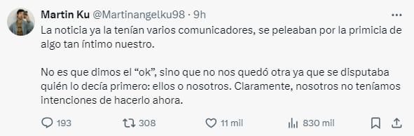 El enojo de Martín Ku con los comunicadores que contaron que será papá junto a Marisol