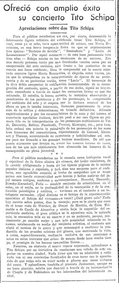 La cobertura que Los Andes hizo del recital en el Teatro Independencia. Fue publicada el 3 de agosto de 1934.