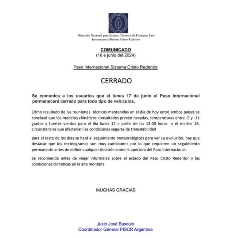 Paso Internacional Cristo Redentor. X / @VALLEOVA