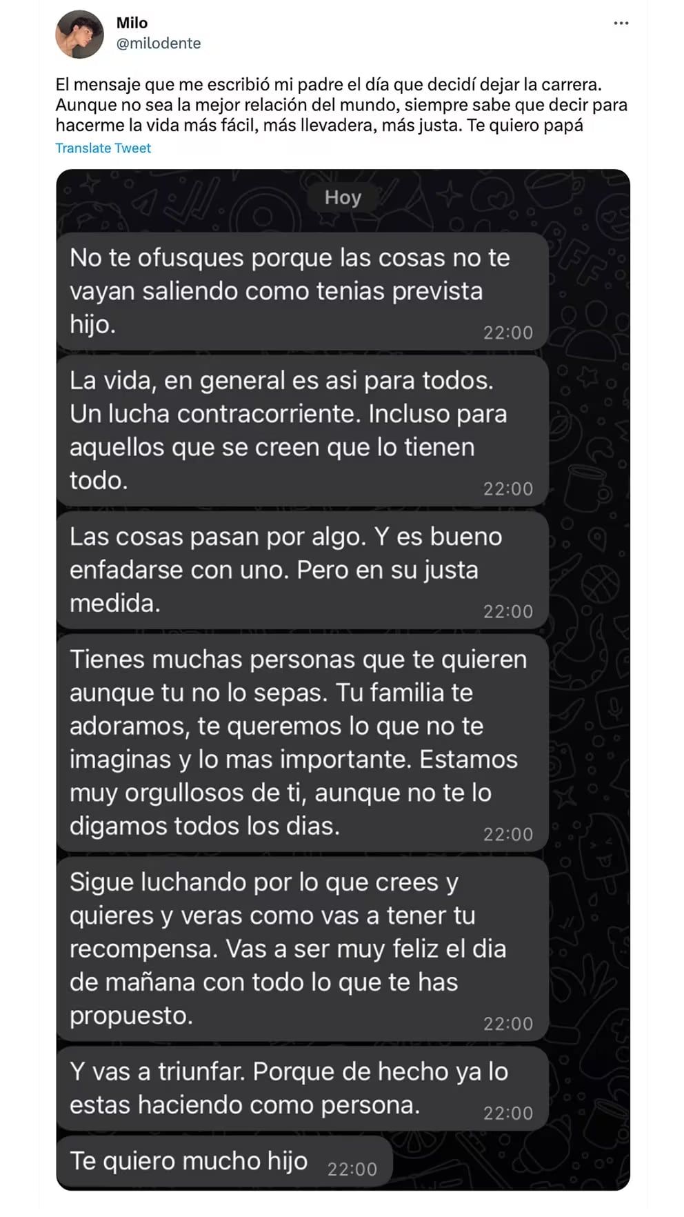 Milo Dente compartió la conversación que tuvo con su padre - X Milo Dente