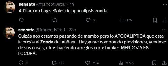 Posteos sobre la llegada del Zonda a Mendoza. Foto: X / @francotiviroli